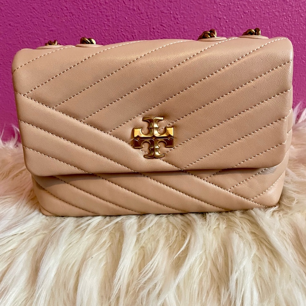 Tory Burch Tan Crossbody Bag with Quilted Design and Gold Hardware